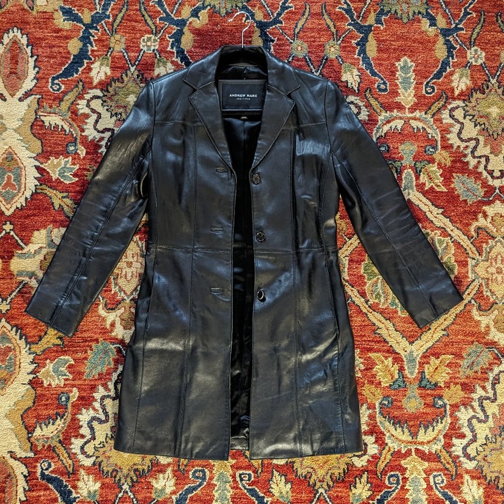 Andrew Marc Additions black lambskin leather coat, long-length, sz XS